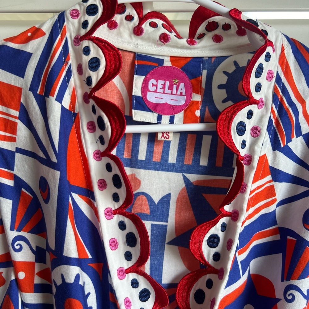 Scalloped Geometric Print Mini Dress Puff Sleeve Celia B Andromeda Extra Small - Picture 2 of 5